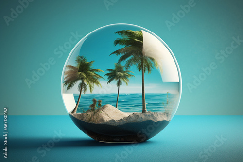 Tropical island in a crystal ball. 3D rendering.
