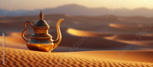 Oriental gold teapot lying on the sand in the desert dunes photo