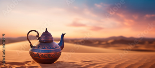 Fototapeta Naklejka Na Ścianę i Meble -  Oriental teapot lying on the sand in the desert dunes at sunset