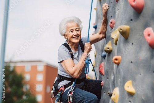caucasian old sportswoman exercises climbing on climbing wall