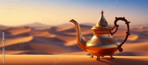 Oriental gold teapot lying on the sand in the desert dunes