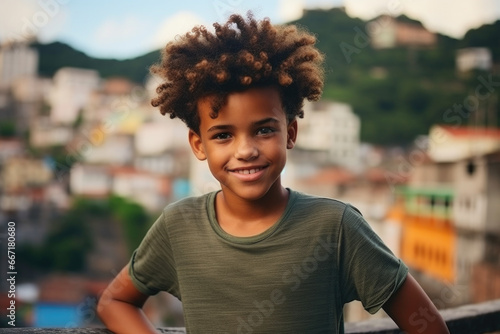 Smiling boy against the backdrop of favelas with colorful houses. photo