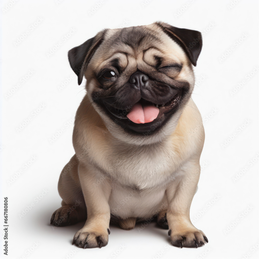 Dog pug with a big smile sitting on a white background. ai generative