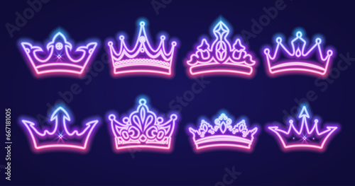 A set of neon gradient crowns. Vector illustration.