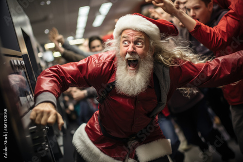 Santa Claus buys goods in a store on sale. People panic and try to grab cheap goods. photo