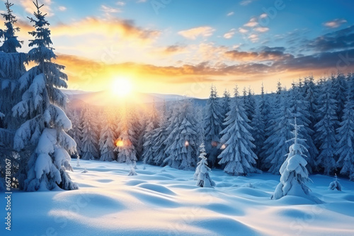Beautiful winter landscape with snow-covered trees. Sunset over a beautiful forest.