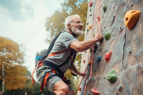 caucasian old sportsman exercises climbing on climbing wall photo