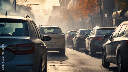 Cars on the street of the city are stuck in a traffic jam. Heavy smoke © cherezoff