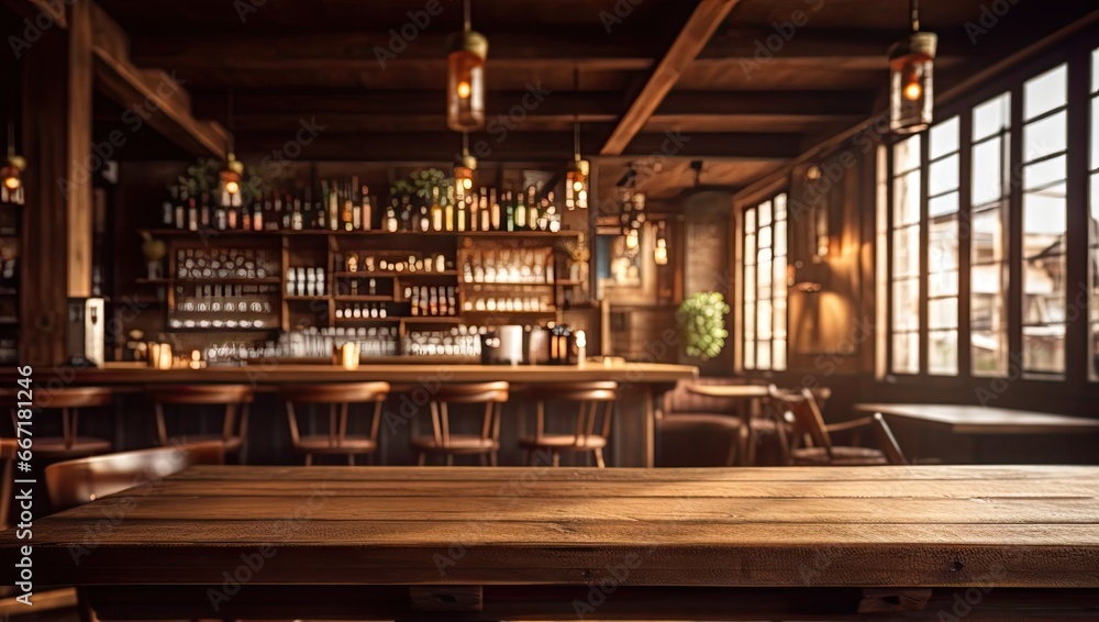 Elegant lounge vibes. Modern bar interior. Cafe comfort. Empty wooden table interior. Nightlife bliss. Stylish pub decor for evening out. Fine dining in style. Restaurant with vintage flair - obrazy, fototapety, plakaty 
