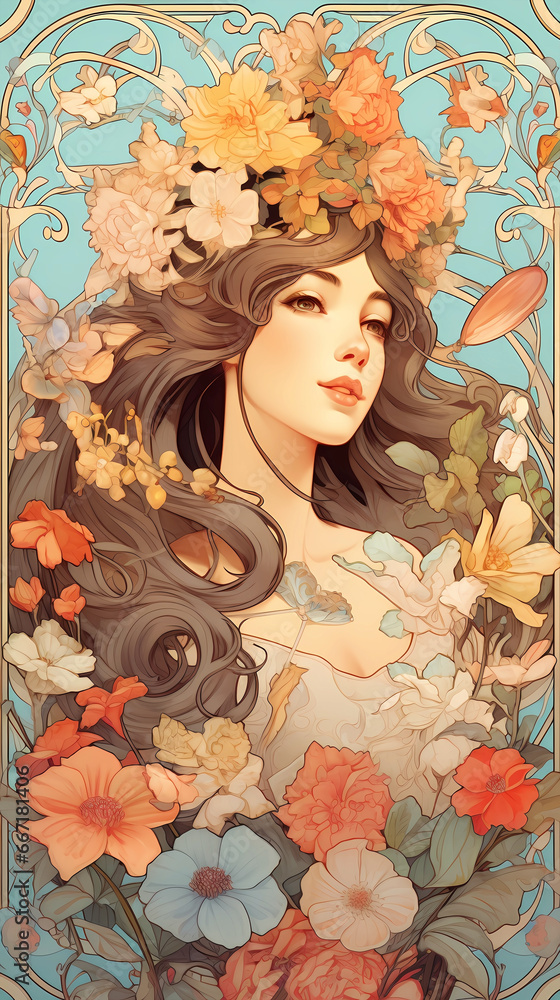 Hand drawn retro style illustration of beautiful woman among flowers
Hand drawn retro style illustration of beautiful woman among flowers