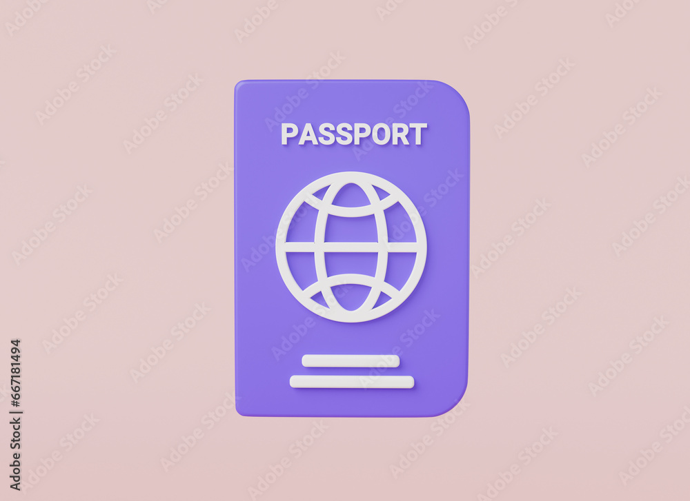 International passport on purple background. International document, Passport for travel and immigration, Travel and tourism, Identification document, Personal immigration. 3d render illustration International passport on purple background. International document, Passport for travel and immigration, Travel and tourism, Identification document, Personal immigration. 3d render illustration