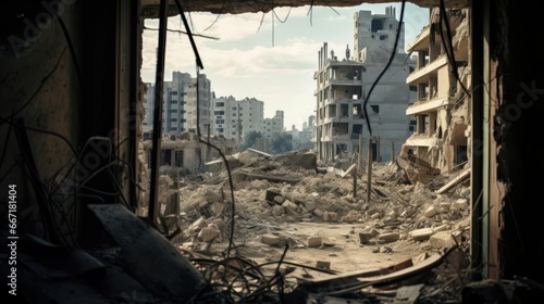 View from a ruined building of a war-torn city