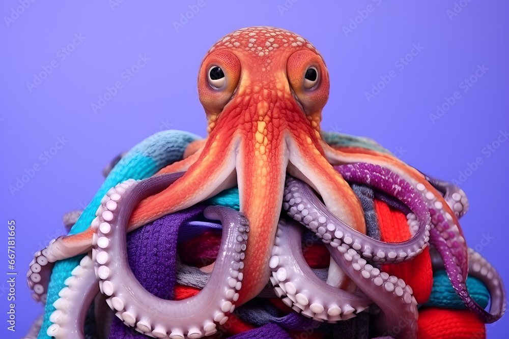 Studio portrait of an octopus wearing knitted hat, scarf and mittens. Colorful winter and cold weather concept.