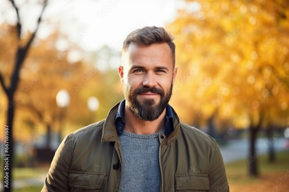 Image of a handsome man dressed in stylish clothes walking in park on blurred background Image of a handsome man dressed in stylish clothes walking in park on blurred background