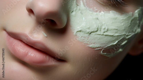 Close-up woman's face using facial skin care product. Female face using light green scrub on cheeks in beauty studio.