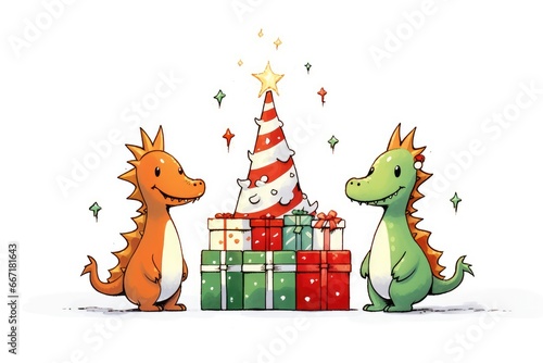 Cute cartoon green dragon wearing Santa hat  red gift with Christmas tree. New Year animal illustration on white background. Christmas card with cute dragon.