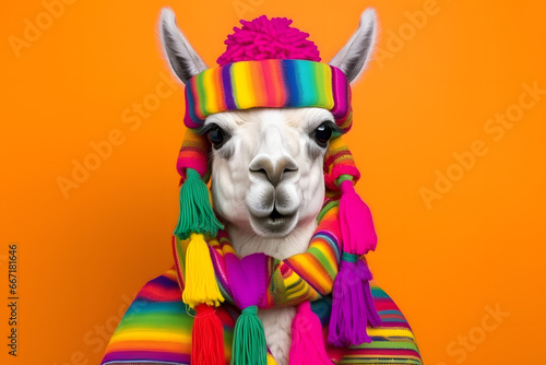 Studio portrait of a llama wearing knitted hat, scarf and mittens. Colorful winter and cold weather concept. © Mihai Zaharia