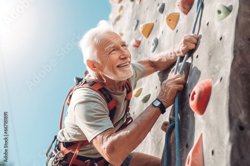 caucasian old sportsman exercises climbing on climbing wall