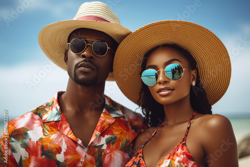 Generative AI portrait image of a beautiful happy couple enjoying their rest abroad in a tropical beach resort sunny day