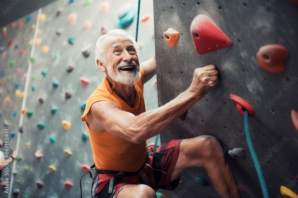 Obraz premium caucasian old sportsman exercises climbing on climbing wall