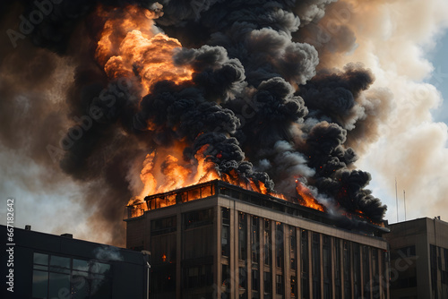  A bustling metropolis engulfed in flames, the city building fire rages on as brave firefighters battle to save lives and preserve the city's iconic skyline.