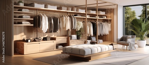 Photo The home s cloakroom is neatly organized with clothes a sofa bench and a mirror