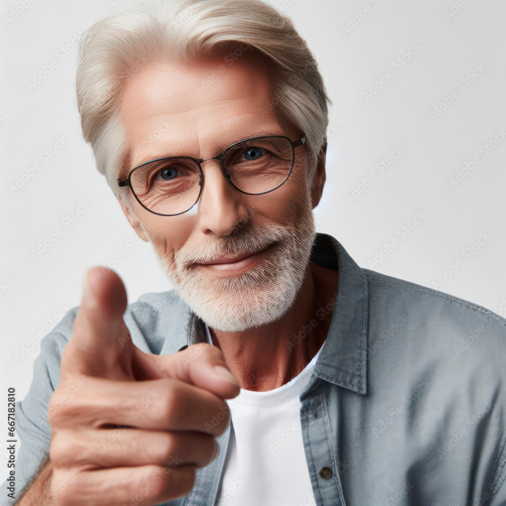 portrait photography of a happy old man pointing against a white background. ai generative portrait photography of a happy old man pointing against a white background. ai generative