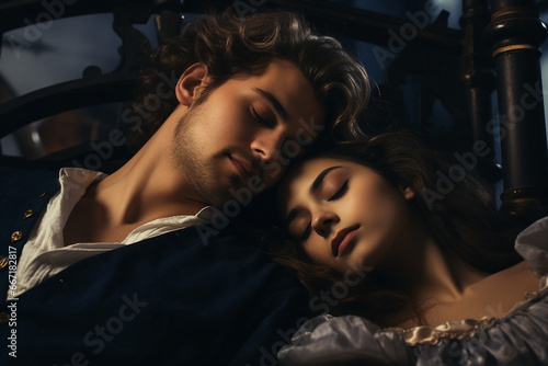 Couple portrait two lovers sleeping together in bed sensual love Generative AI