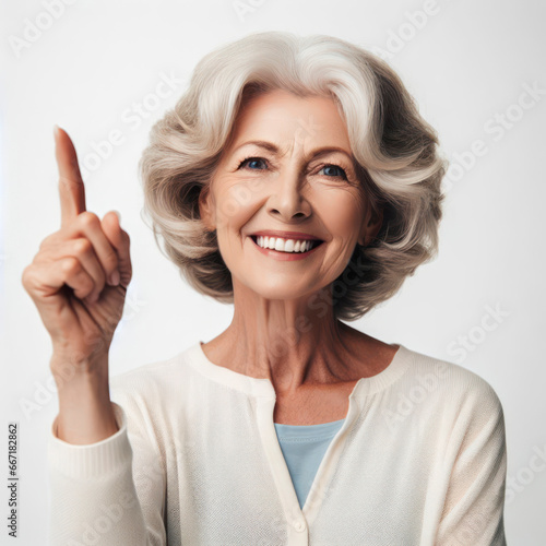 portrait photography of a happy old woman pointing against a white background. ai generative