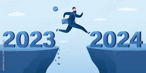 Year 2023 hope, new year resolution or success opportunity, change to new business bright future, overcome business difficulty concept, ambitious businessman