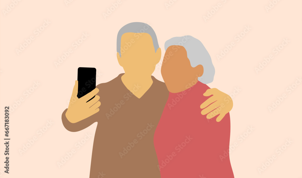 An elderly couple warmly hugging each other while taking a selfie. Elderly man standing behind an elderly woman and hugging her. Romantic elderly couple relationship in colorful vector illustration.