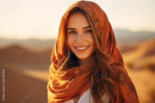 Beautiful arabic woman wearing veil in sandy desert Generative Ai illustration