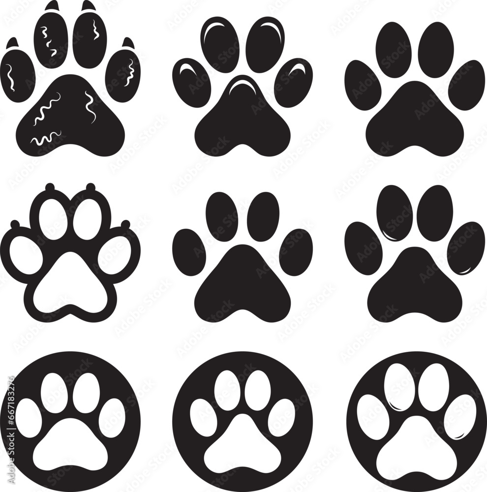 Fototapeta premium Dog paw print black silhouette isolated on white background.