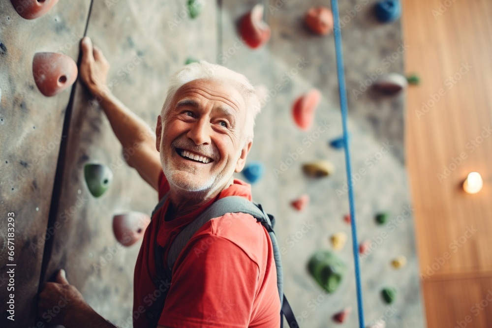 caucasian old sportsman exercises climbing on climbing wall caucasian old sportsman exercises climbing on climbing wall