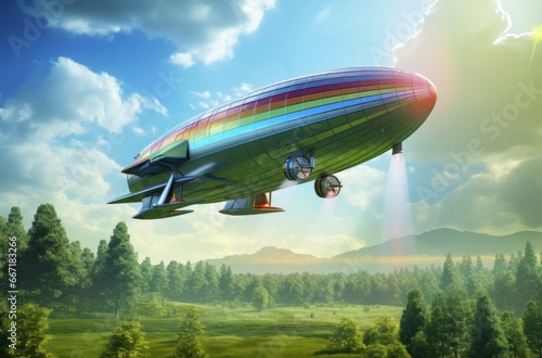 A dirigible soars above a forest, its metallic structure adorned with reflecting plates, illuminated by the bright sun