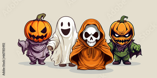 Halloween vector illustration with ghost, pumpkin and dracula.