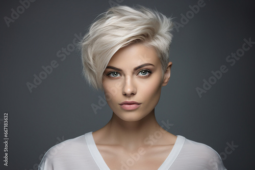 Generative AI picture of beautiful blonde woman fashion model after salon hairdresser procedure