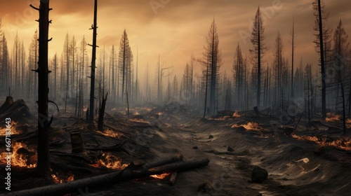 Scorched forest after wildfires