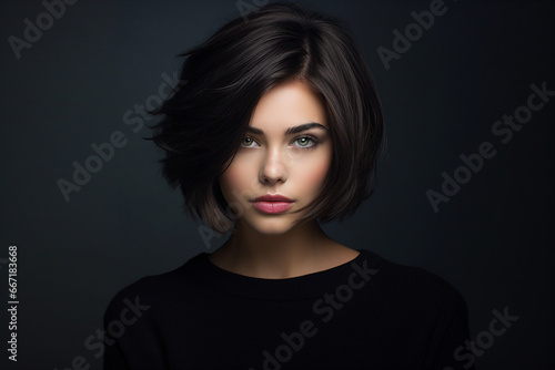Generative AI picture of beautiful woman fashion model black hairstyle blue eyes