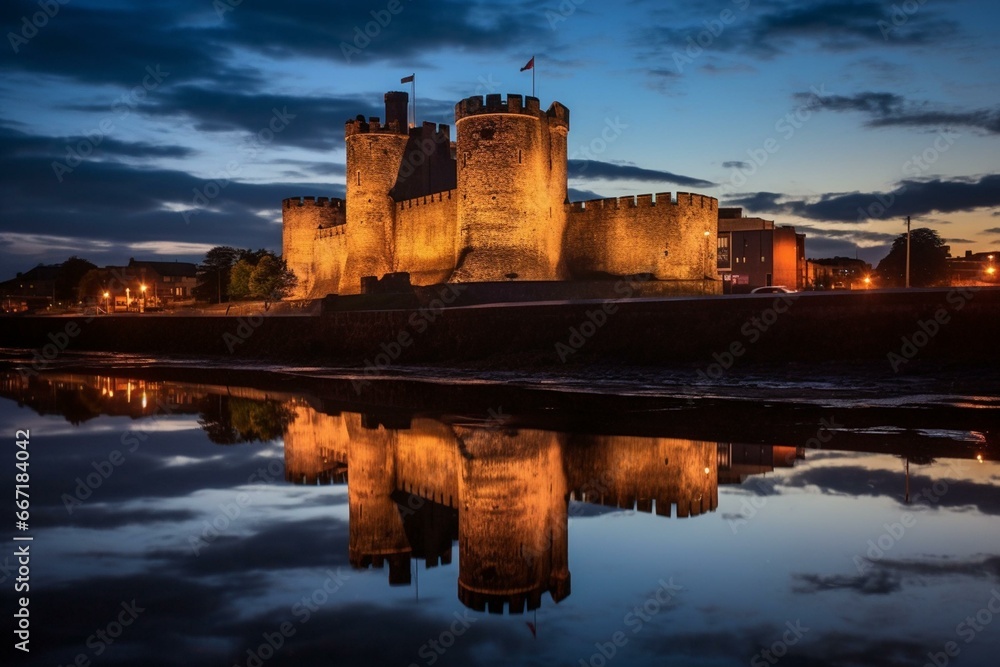Castle reflection at dusk in Limerick, Ireland. Generative AI