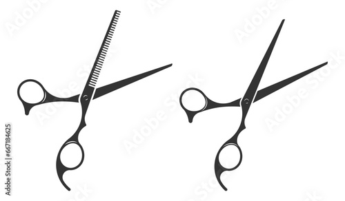 Set hair cut scissor icon. Scissors vector design element or logo template. Black and white silhouette isolated.