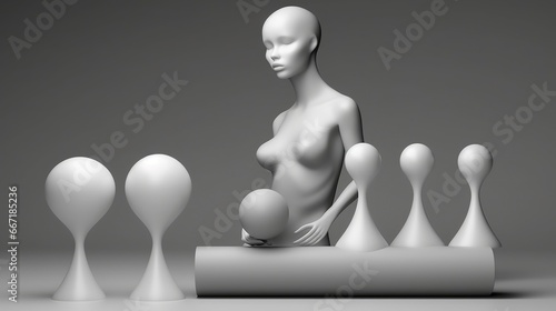 Sculptural composition of nude torso of female mannequin surrounded by abstract geometric shapes. Digital art in gray tones. Illustration for cover, postcard, card, interior design, decor, etc.