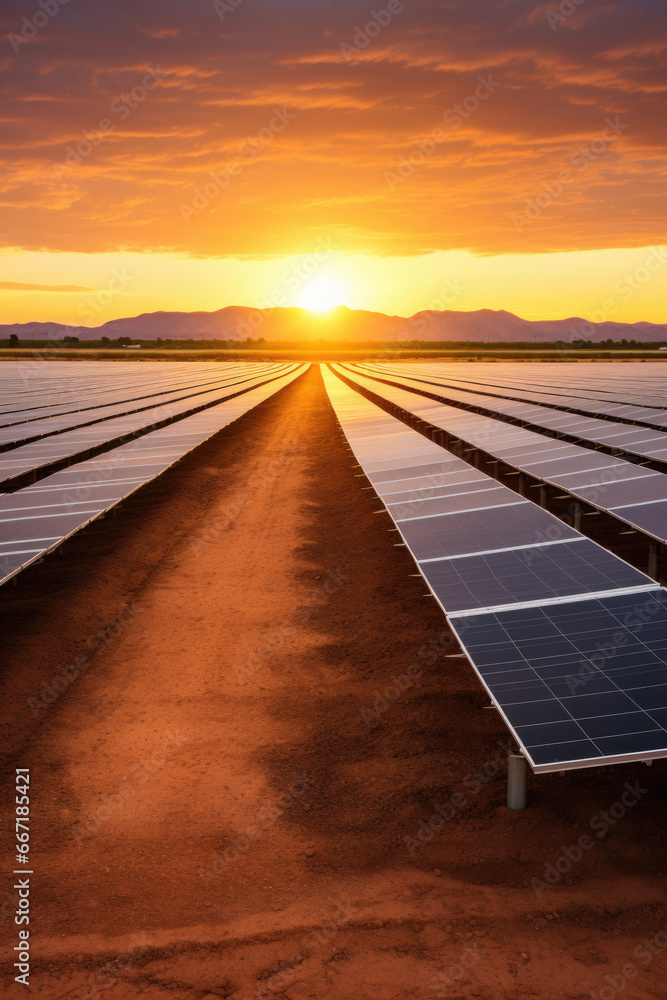 Huge Solar Panel Farm is one of Types of Renewable clean green Energy at sunset