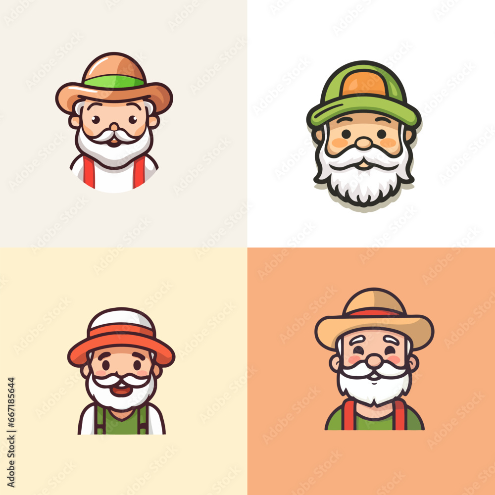 Set of funny cartoon old white beard man in. worker or farmer logo. Vector illustration