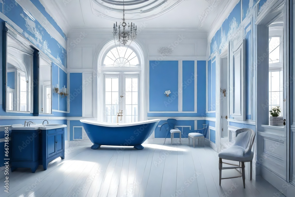 bathroom in a victorian architectural style, clean modern design featuring blue and white color ...