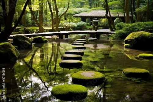 Tranquil Japanese garden with stones, water, moss, and modern architecture. Generative AI photo