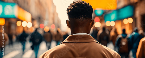 Back view of an American African man walking on a blurred crowded street. Banner format.