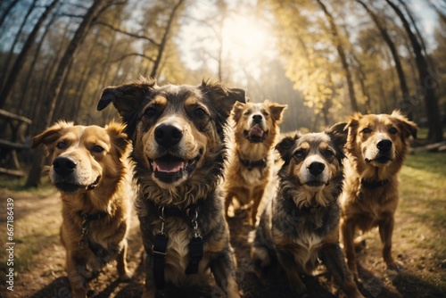 A group of dogs taking a selfie on a blurred background. ai generative