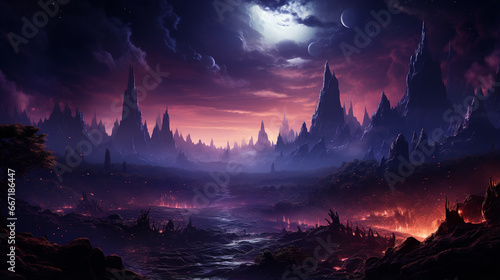 Futuristic fantasy landscape  sci-fi landscape with planet  neon light  cold planet. generative ai