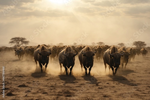 A Herd of buffalos stampedes across a barren landscape. ai generative